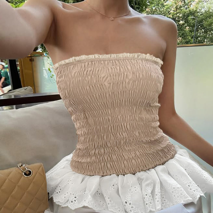 Strapless Shirred Tube Top with Eyelet Ruffle Hem - Vedlit