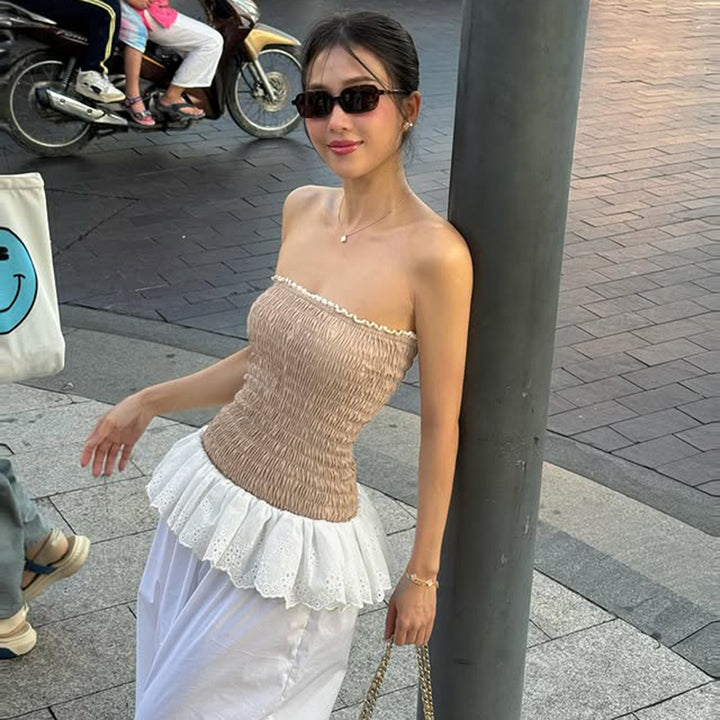 Strapless Shirred Tube Top with Eyelet Ruffle Hem - Vedlit