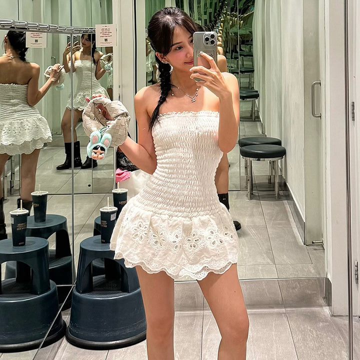 Strapless Smocked Eyelet Mini Dress in White - Vedlit
