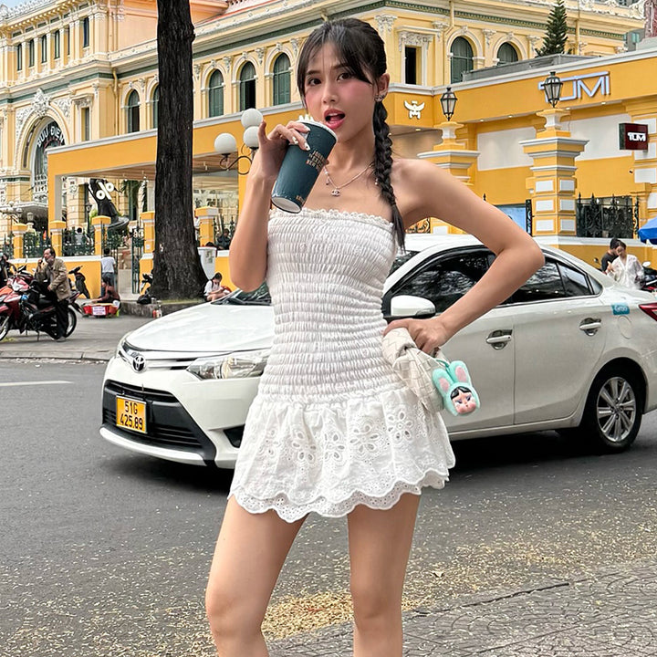 Strapless Smocked Eyelet Mini Dress in White - Vedlit