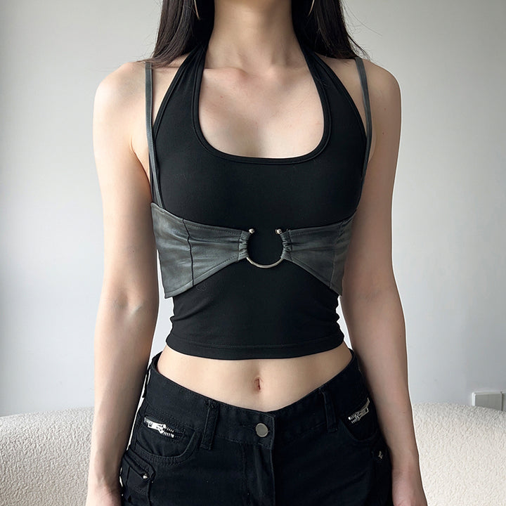 Strappy Halter Top with Faux Leather Ring Detail Crop - Vedlit