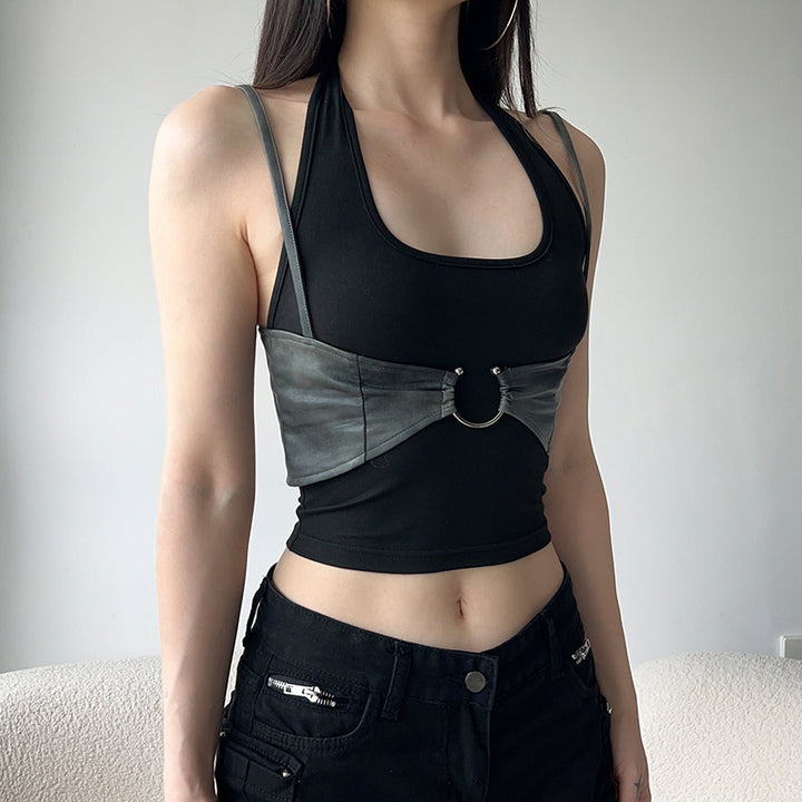 Strappy Halter Top with Faux Leather Ring Detail Crop - Vedlit