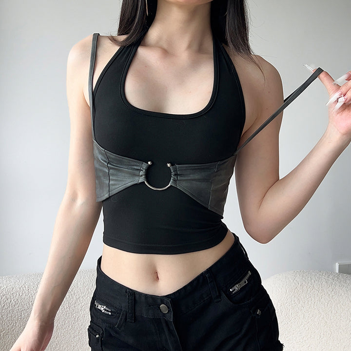 Strappy Halter Top with Faux Leather Ring Detail Crop - Vedlit