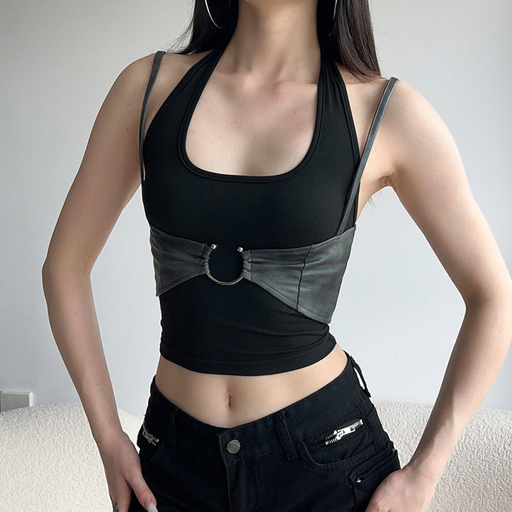 Strappy Halter Top with Faux Leather Ring Detail Crop - Vedlit