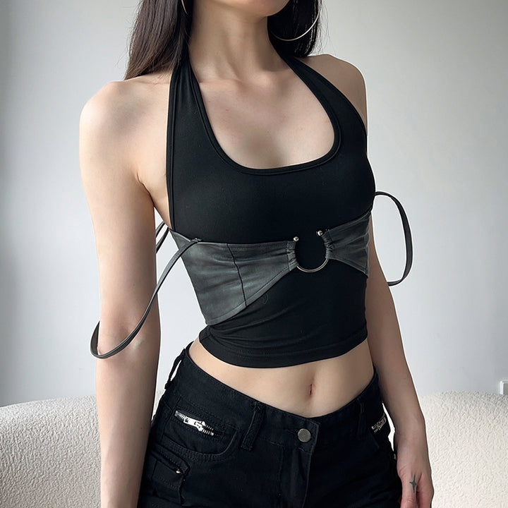 Strappy Halter Top with Faux Leather Ring Detail Crop - Vedlit