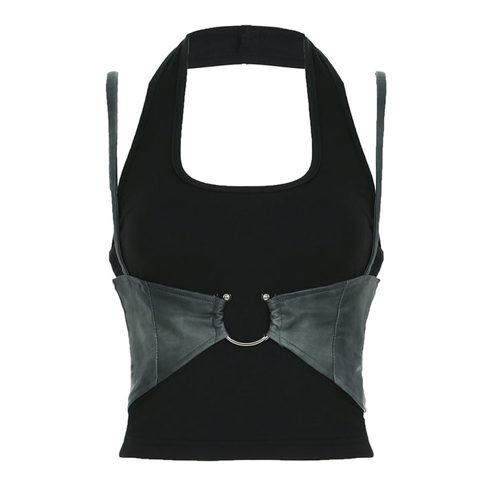 Strappy Halter Top with Faux Leather Ring Detail Crop - Vedlit