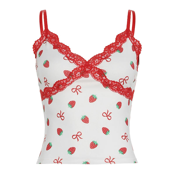 Strawberry Print Lace Trim Cami Top Aesthetic Y2K Style - Vedlit