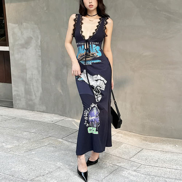 Street Style Lace Trim V-neck Maxi Dress - Vedlit