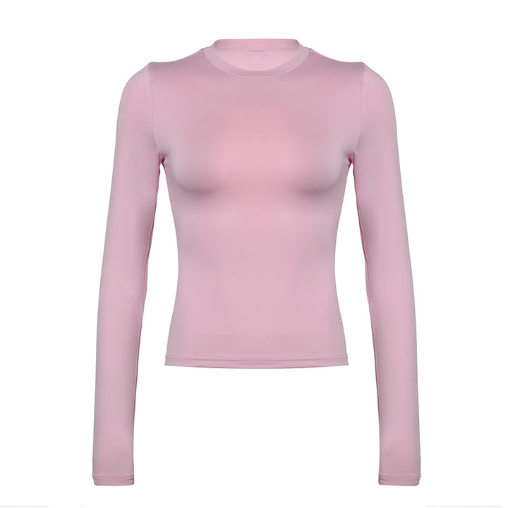 Stretchy Sheer Pink Long Sleeve Crewneck Top - Vedlit