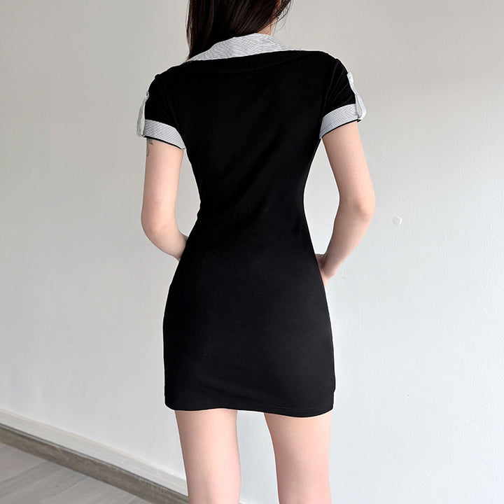 Striped Collar Black Button Bodycon Polo Dress - Vedlit