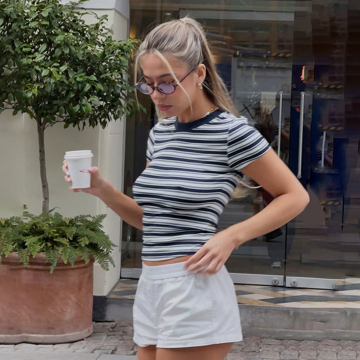 Striped Fitted Ribbed Short Sleeve T-Shirt Casual Streetwear - Vedlit