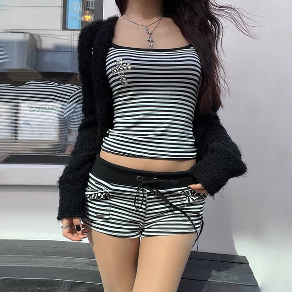Striped Gothic Tank & Shorts Lounge Set with Cross Detail - Vedlit