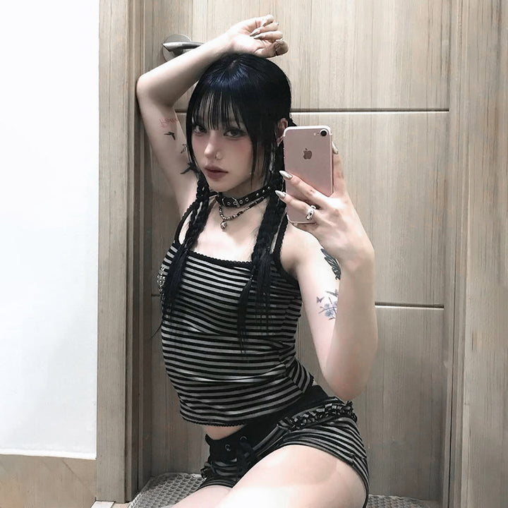 Striped Gothic Tank & Shorts Lounge Set with Cross Detail - Vedlit