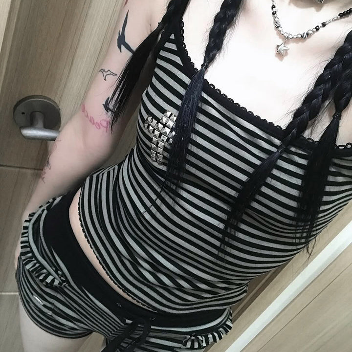 Striped Gothic Tank & Shorts Lounge Set with Cross Detail - Vedlit