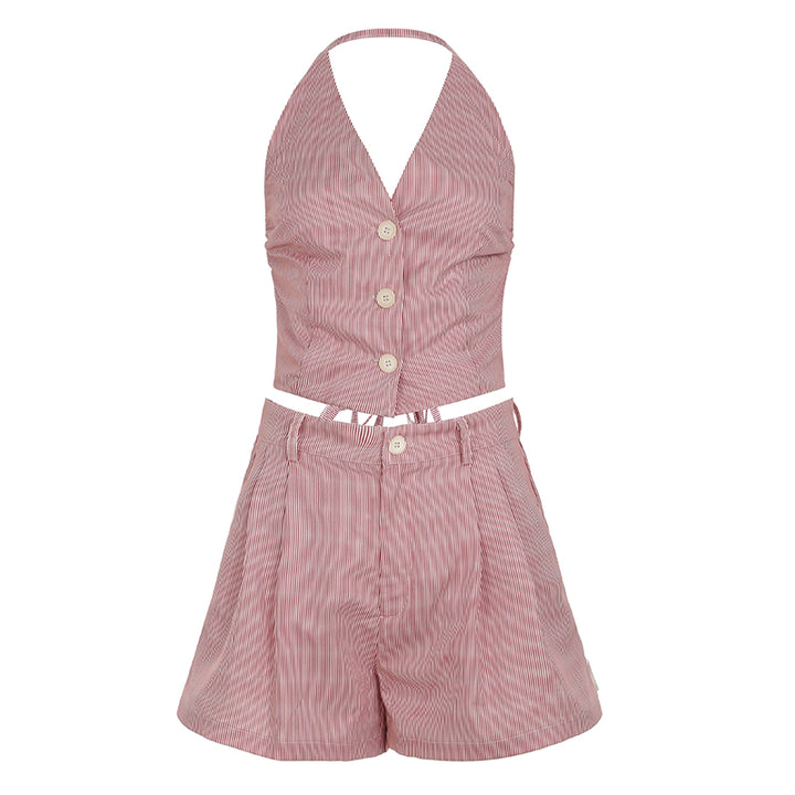 Striped Halter Backless Top & Shorts Set – Summer Chic - Vedlit