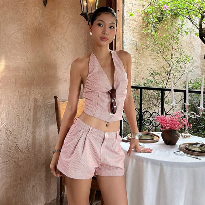 Striped Halter Backless Top & Shorts Set – Summer Chic - Vedlit