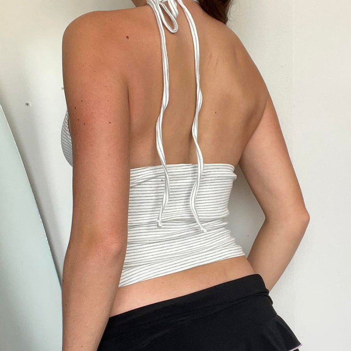 Striped Halter Crop Top with Front Tie - Summer Beach Wear - Vedlit
