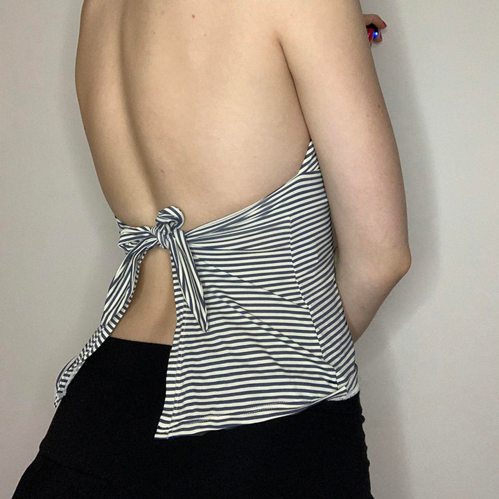 Striped Halter Neck Backless Top with Bead Detail - Vedlit