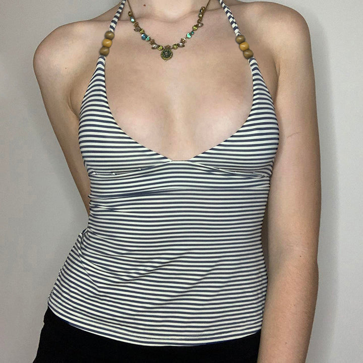 Striped Halter Neck Backless Top with Bead Detail - Vedlit