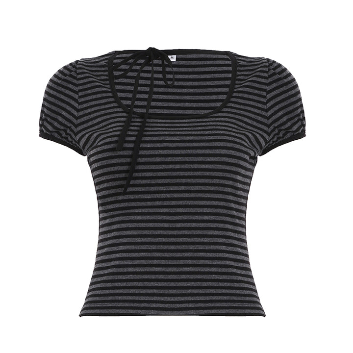 Striped Puff Sleeve Tee with Neck Ribbon Tie Detail - Vedlit