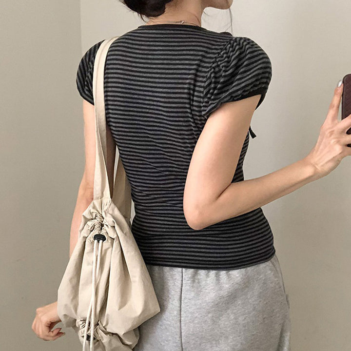 Striped Puff Sleeve Tee with Neck Ribbon Tie Detail - Vedlit