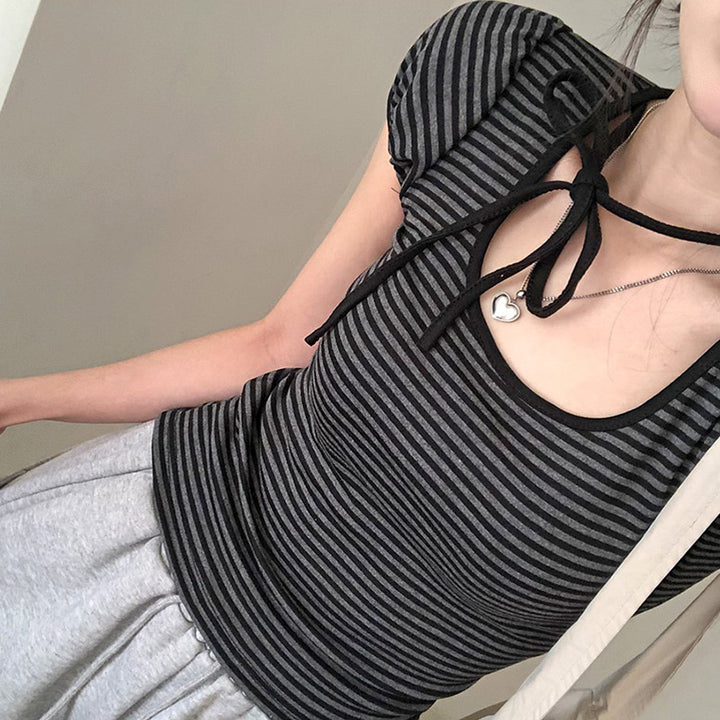 Striped Puff Sleeve Tee with Neck Ribbon Tie Detail - Vedlit