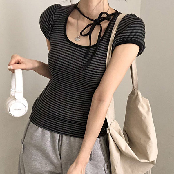 Striped Puff Sleeve Tee with Neck Ribbon Tie Detail - Vedlit