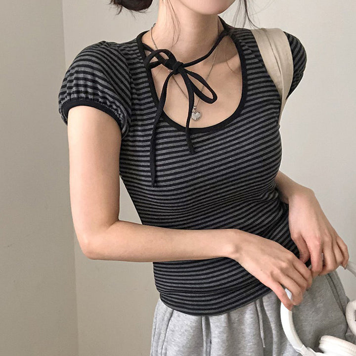 Striped Puff Sleeve Tee with Neck Ribbon Tie Detail - Vedlit
