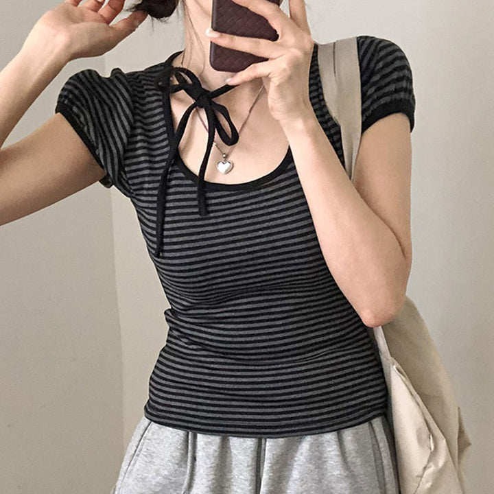 Striped Puff Sleeve Tee with Neck Ribbon Tie Detail - Vedlit