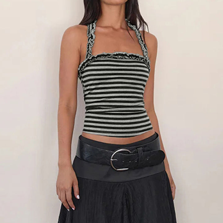 Striped Ruffle Trim Halter Top in Black & Grey - Vedlit