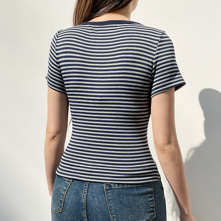 Striped Scoop Neck Button Detail Fitted Tee - Vedlit