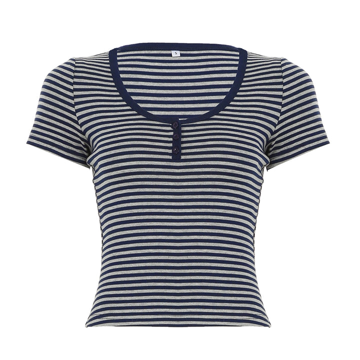 Striped Scoop Neck Button Detail Fitted Tee - Vedlit