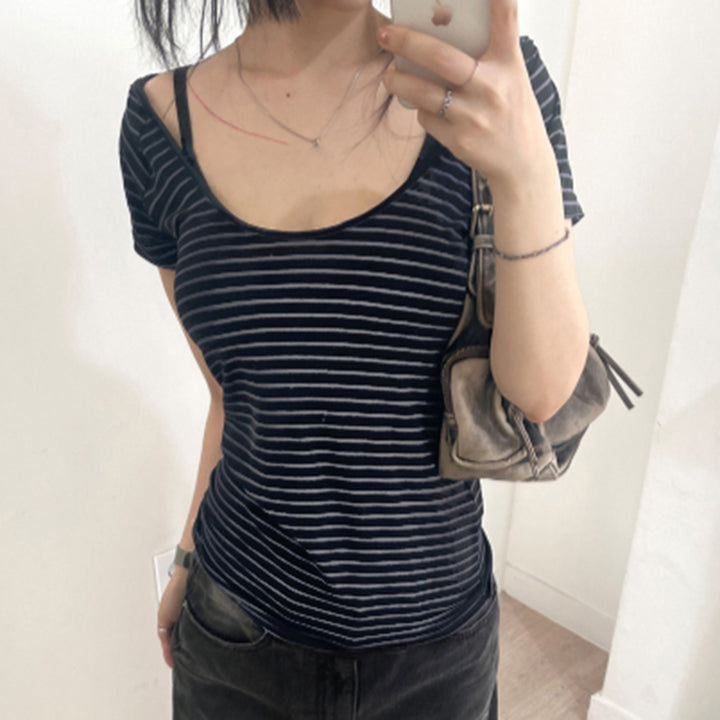 Striped Scoop Neck Slim Fit Hooded Tee - Navy - Vedlit
