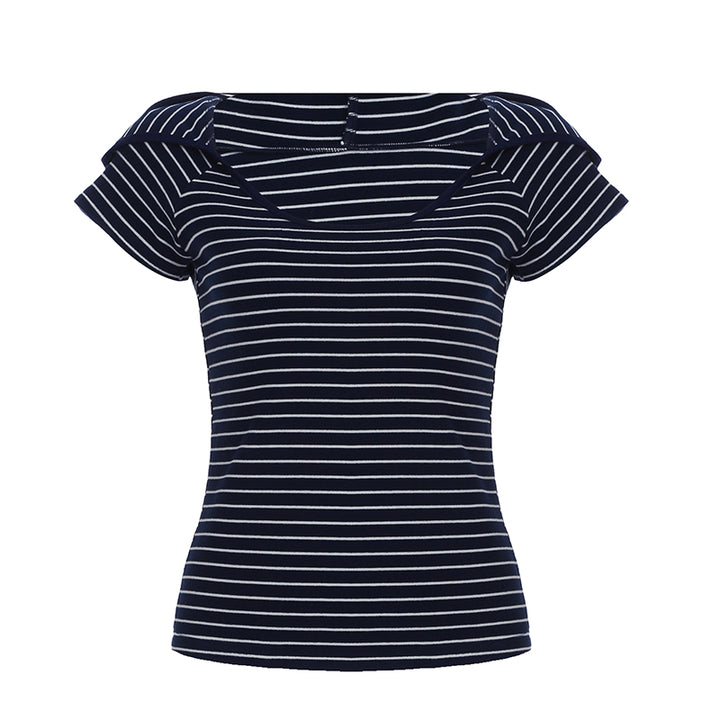 Striped Scoop Neck Slim Fit Hooded Tee - Navy - Vedlit