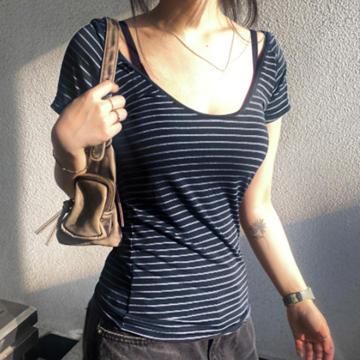 Striped Scoop Neck Slim Fit Hooded Tee - Navy - Vedlit