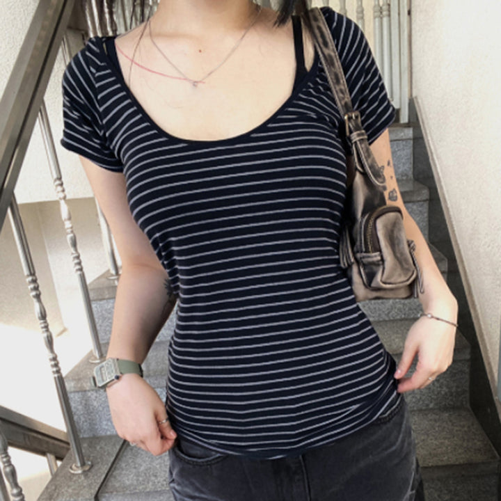 Striped Scoop Neck Slim Fit Hooded Tee - Navy - Vedlit