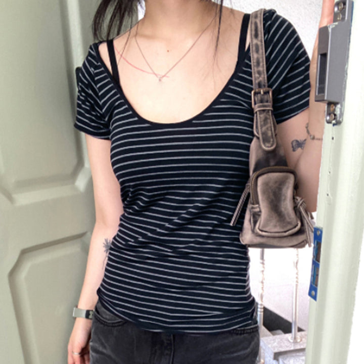 Striped Scoop Neck Slim Fit Hooded Tee - Navy - Vedlit