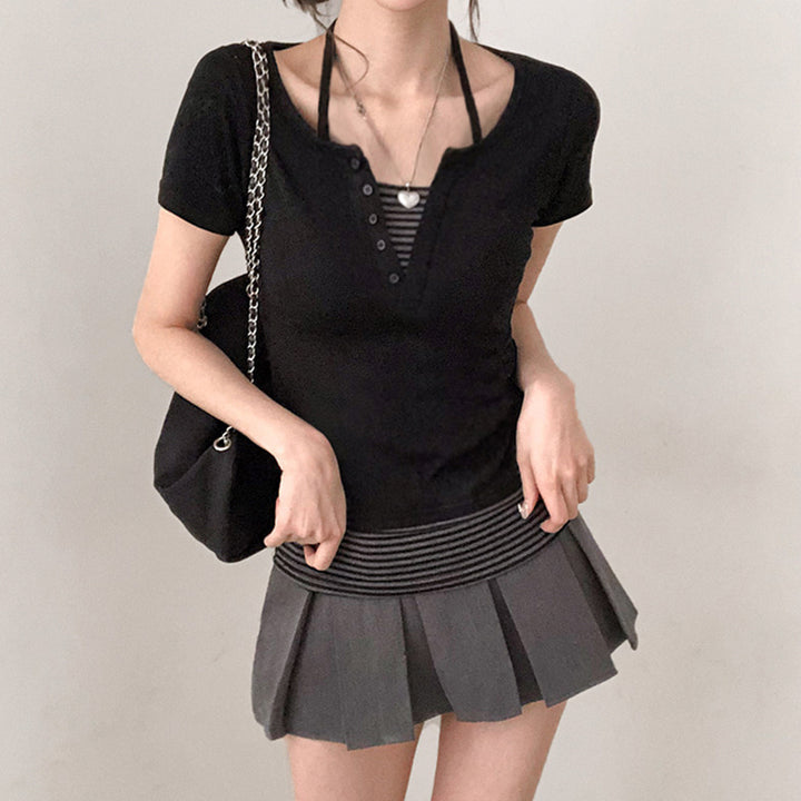 Striped Waist Contrast Trim Button Tee - Casual Fit Top - Vedlit