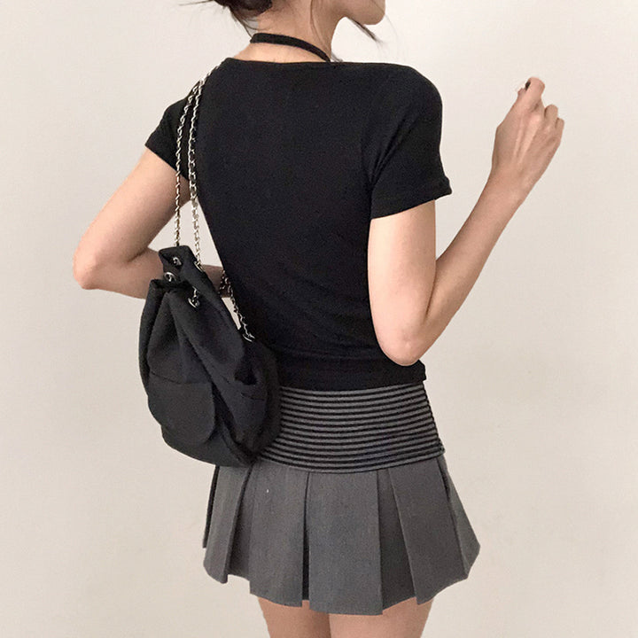 Striped Waist Contrast Trim Button Tee - Casual Fit Top - Vedlit