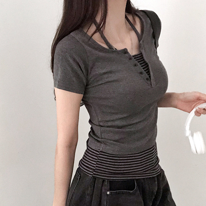 Striped Waist Contrast Trim Button Tee - Casual Fit Top - Vedlit
