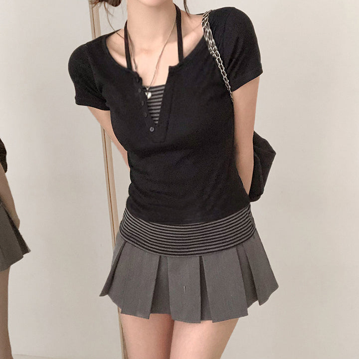 Striped Waist Contrast Trim Button Tee - Casual Fit Top - Vedlit