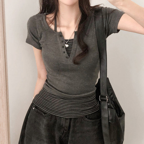 Striped Waist Contrast Trim Button Tee - Casual Fit Top - Vedlit