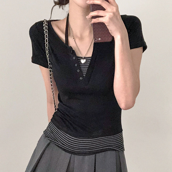 Striped Waist Contrast Trim Button Tee - Casual Fit Top - Vedlit