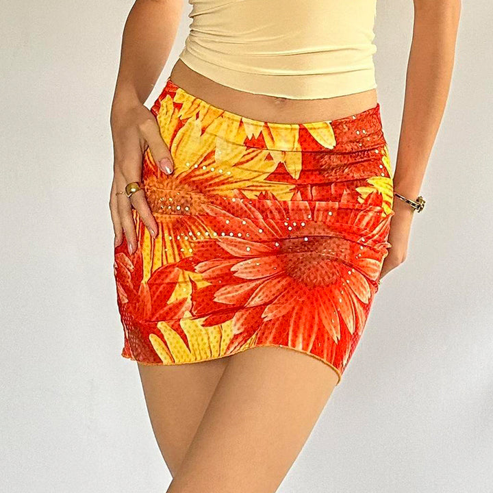 Sunflower Print Sequin Mesh Ruched Mini Skirt - Vedlit