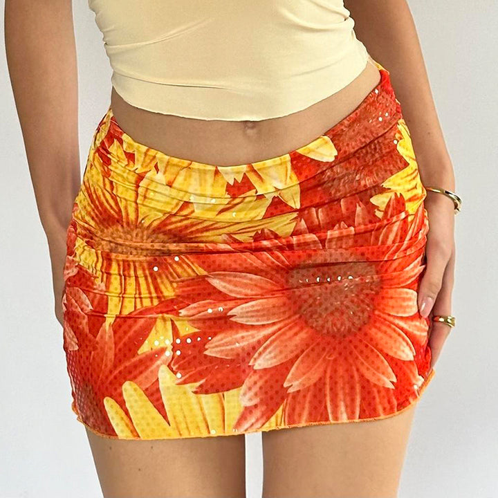 Sunflower Print Sequin Mesh Ruched Mini Skirt - Vedlit