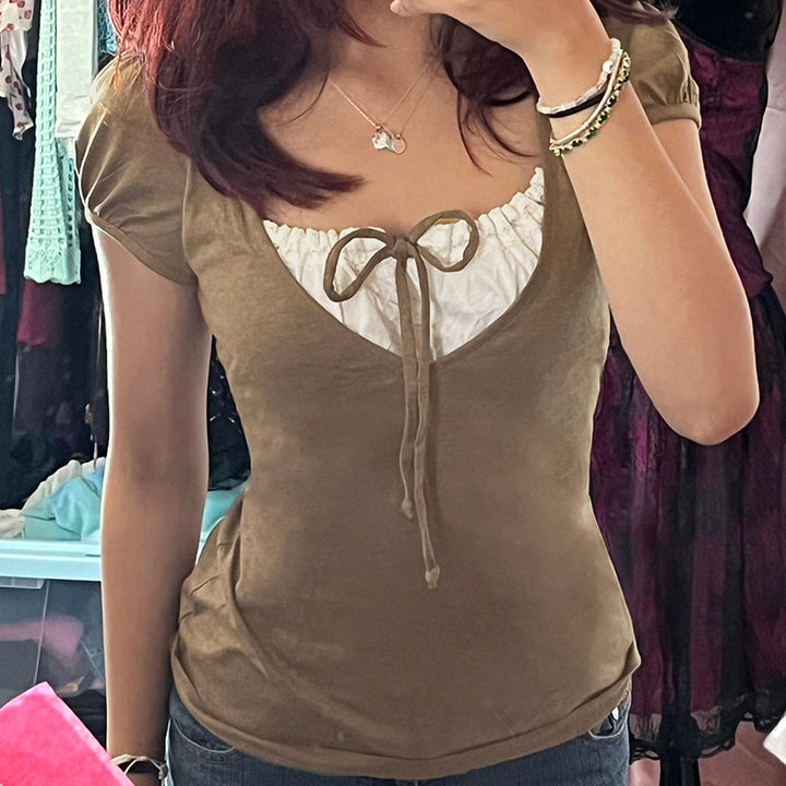 Sweetheart Bow Neck Puff Sleeve Slim Tee Top - Brown - Vedlit