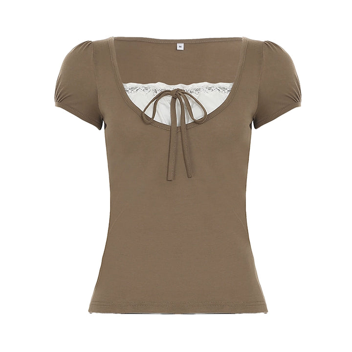 Sweetheart Bow Neck Puff Sleeve Slim Tee Top - Brown - Vedlit