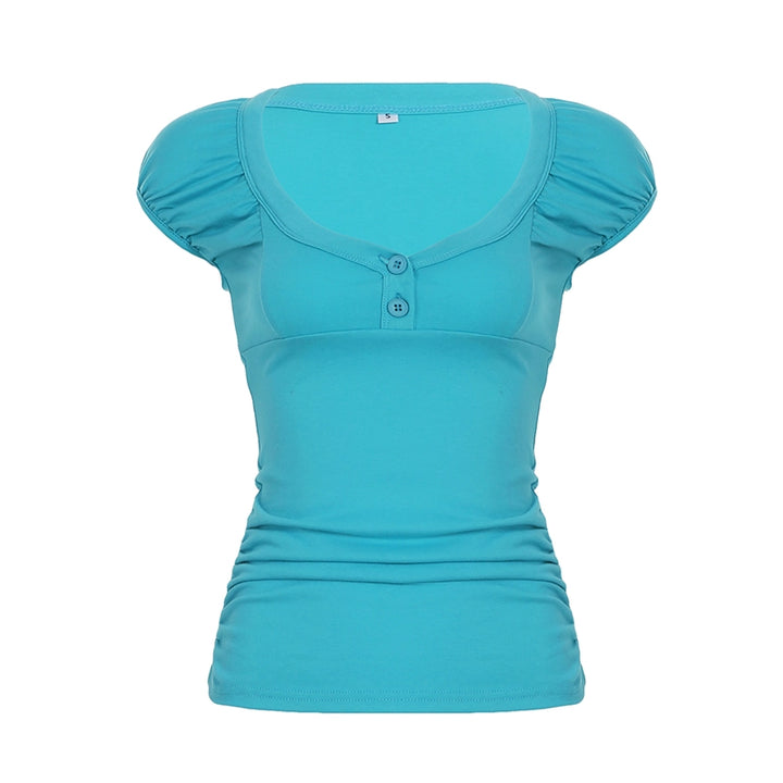 Sweetheart Neck Puff Sleeve Button Tee - Aqua Blue - Vedlit