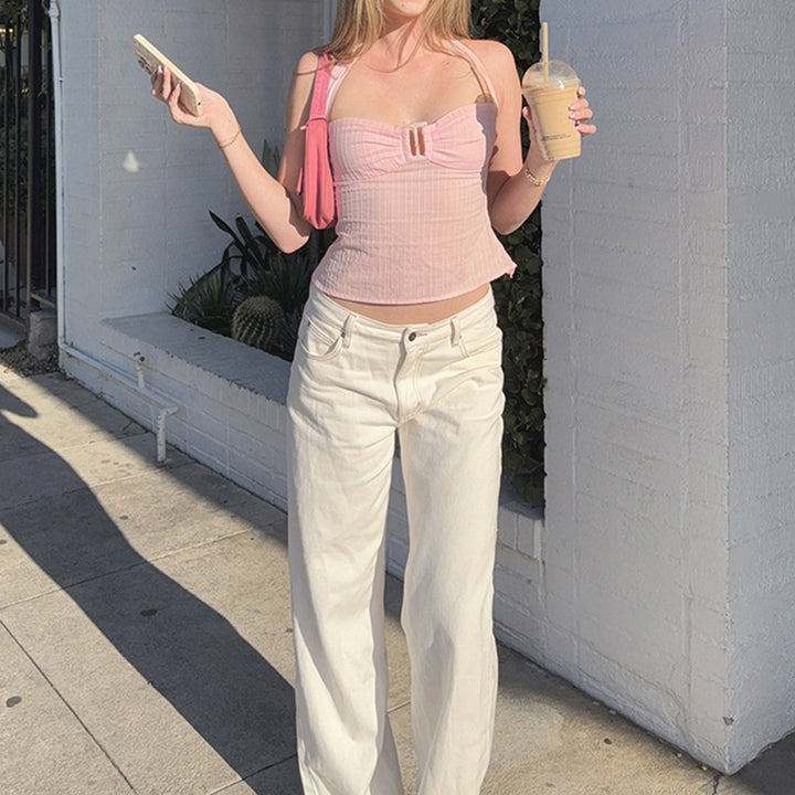 Sweetheart Pinstripe Bow Crop Top - Pink Y2K Summer Style - Vedlit