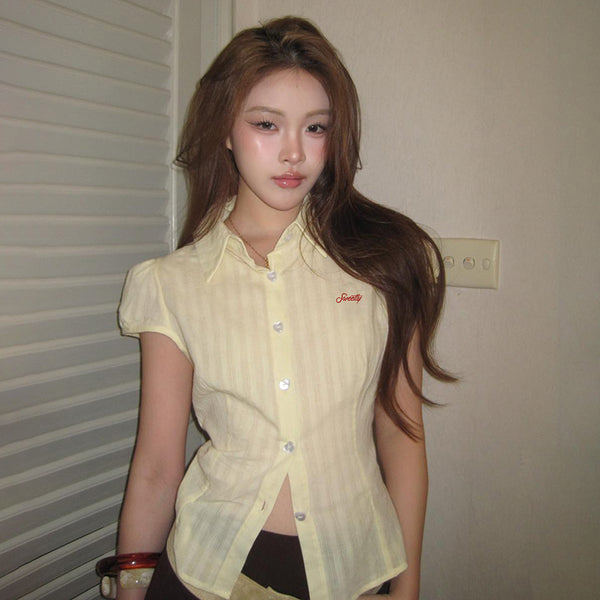 Sweetly Embroidered Cap Sleeve Fitted Shirt Top - Vedlit